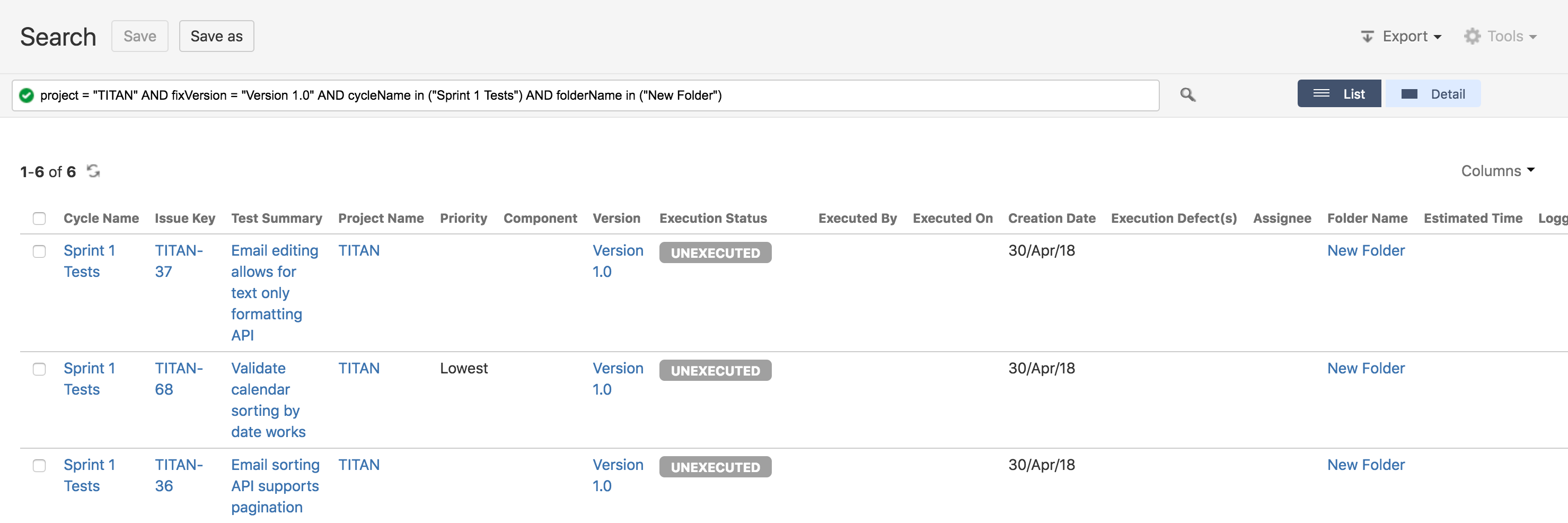 List of test cycles in execution navigator