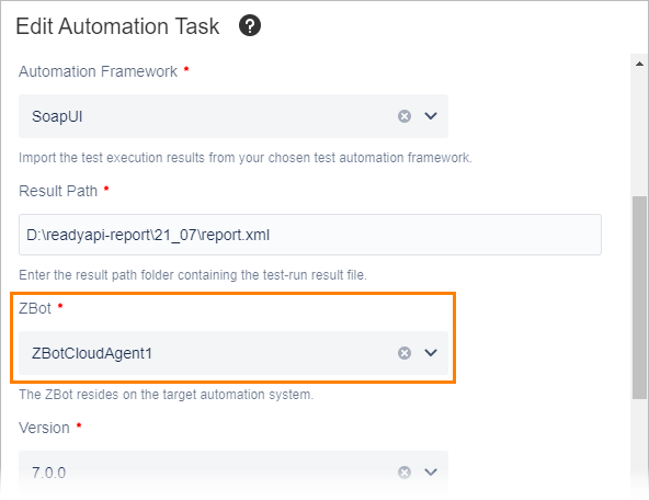 Selecting a ZBot agent in job settings