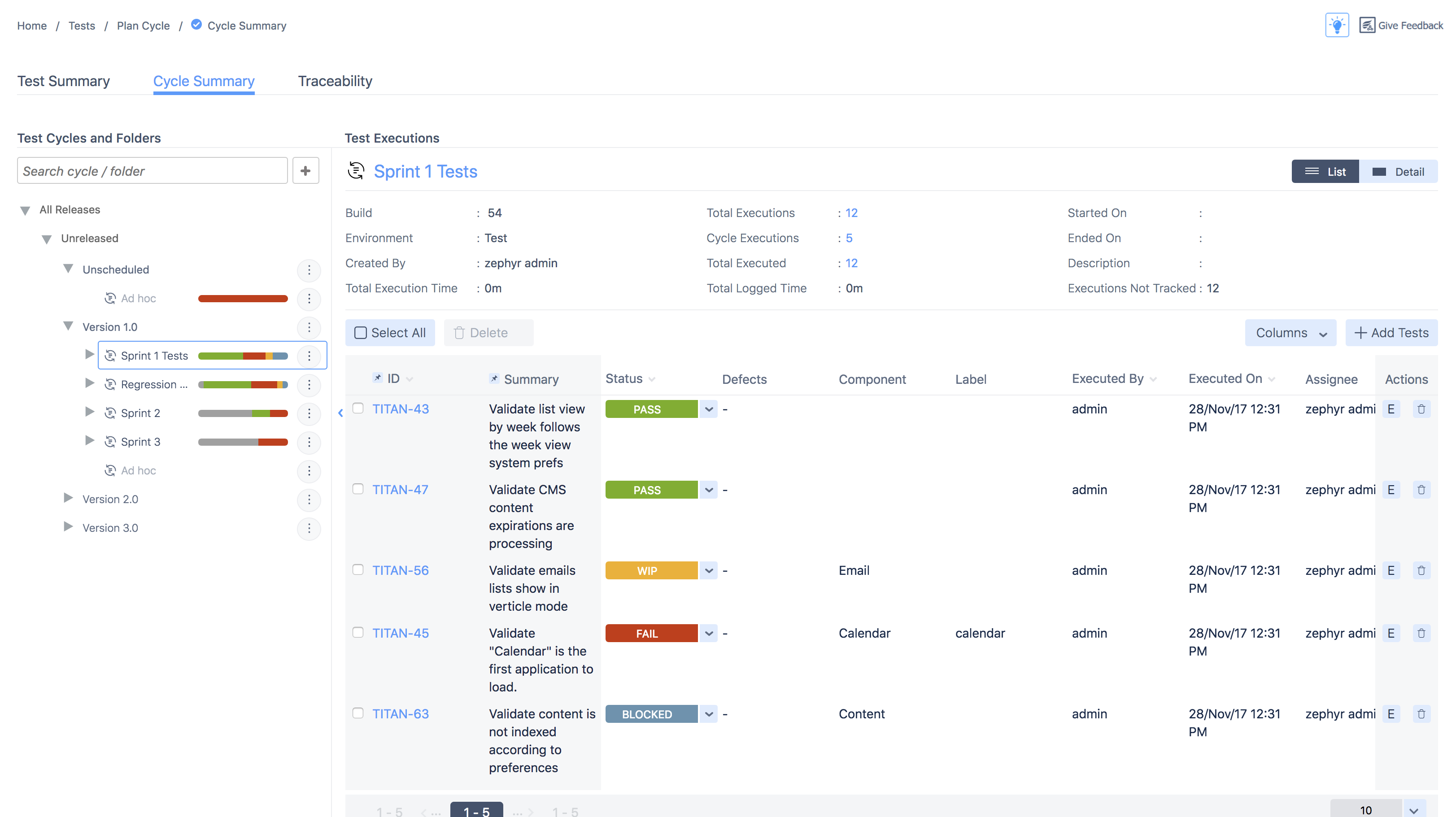 Cycle Summary page