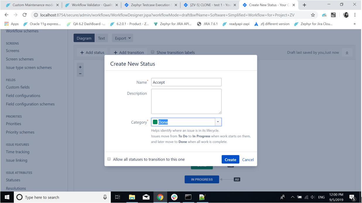 Create new status dialog