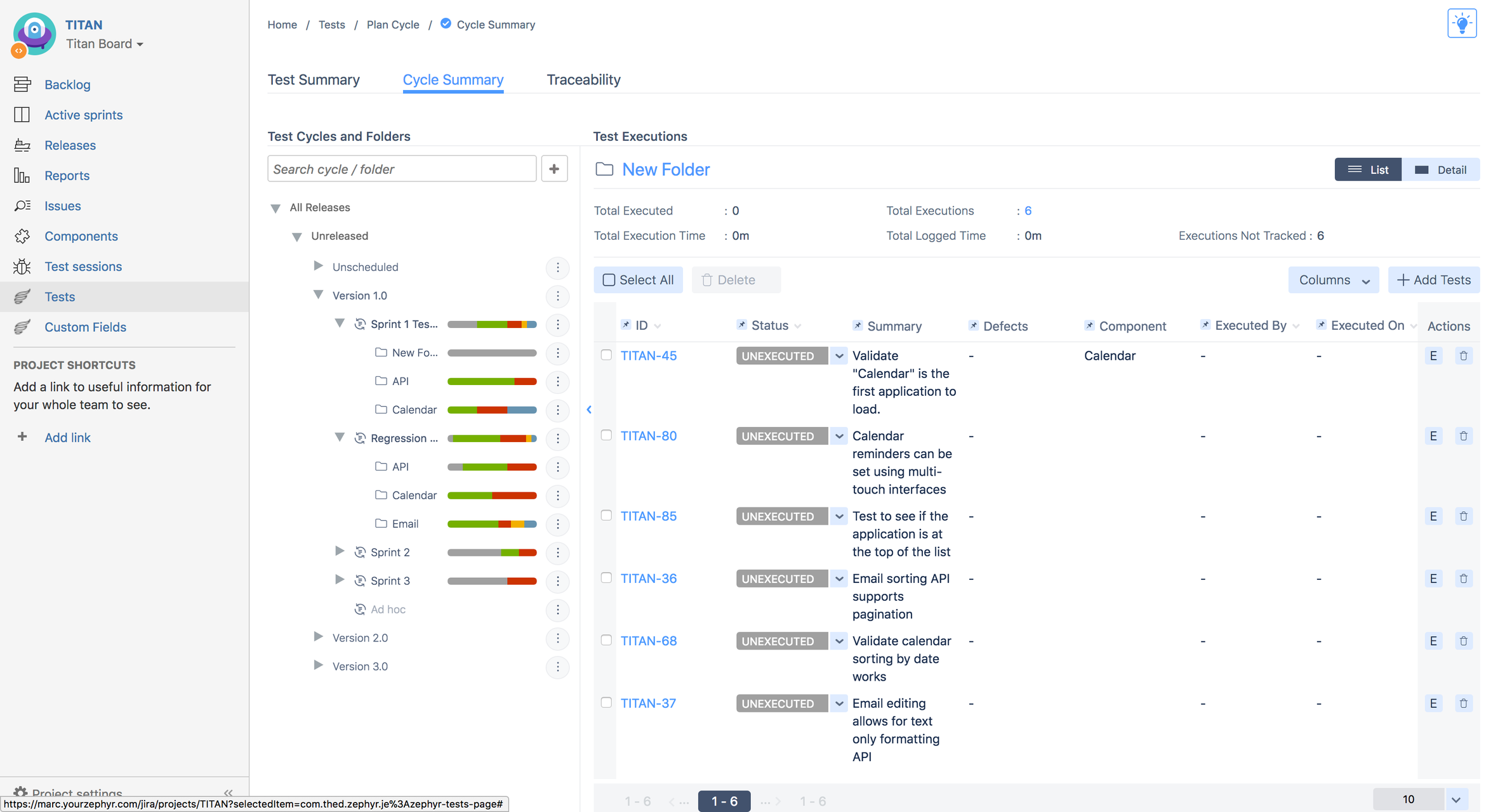 Test cycle summary page