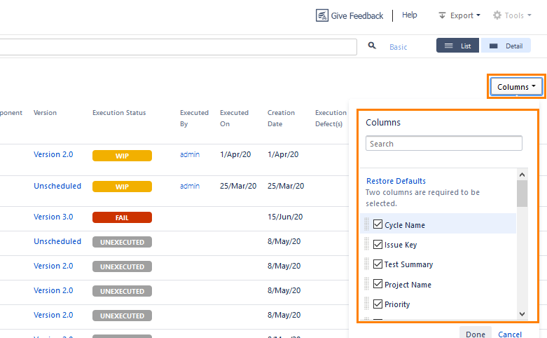 Test execution columns