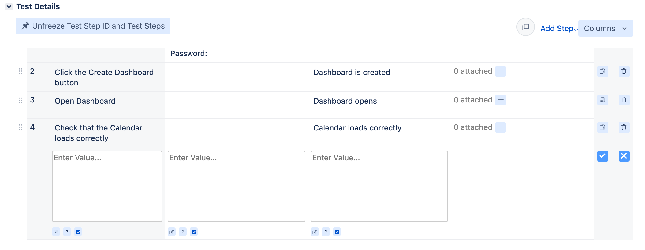 Unfreeze test steps columns