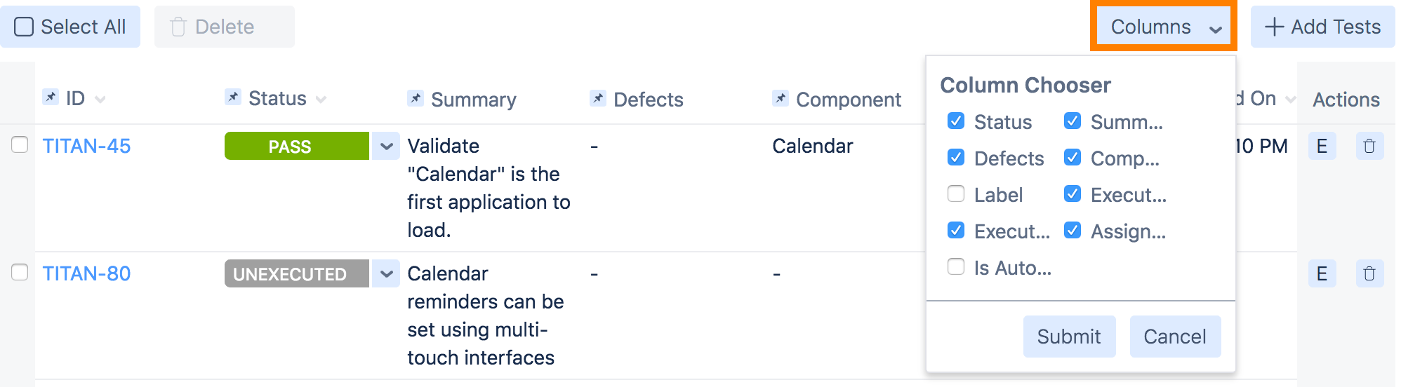 Test execution column chooser