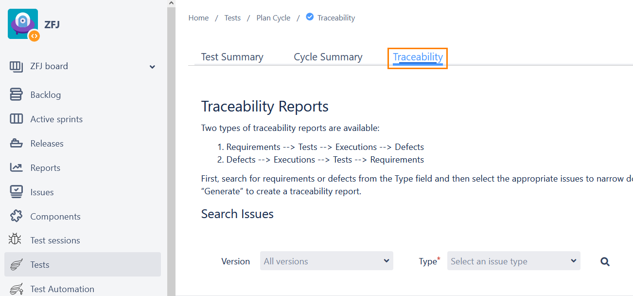 Traceability tab