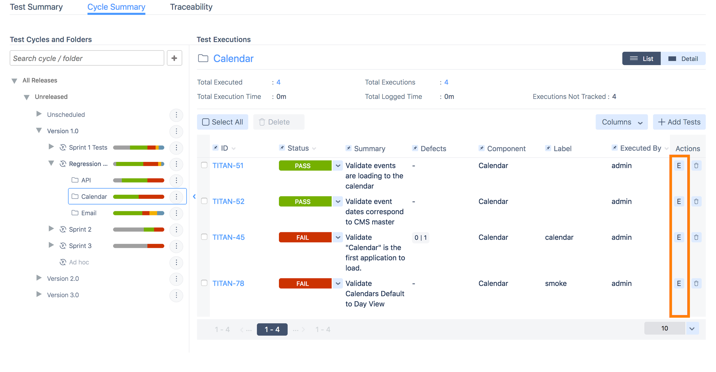 Test cycle summary page